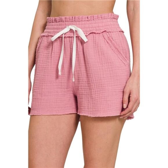 Zenana Double‎ Gauze Elasticband Drawstring Waist Shorts - Picture 2 of 3
